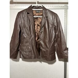 Style&Co Petite Brown Leather Jacket 3 Button Size Small